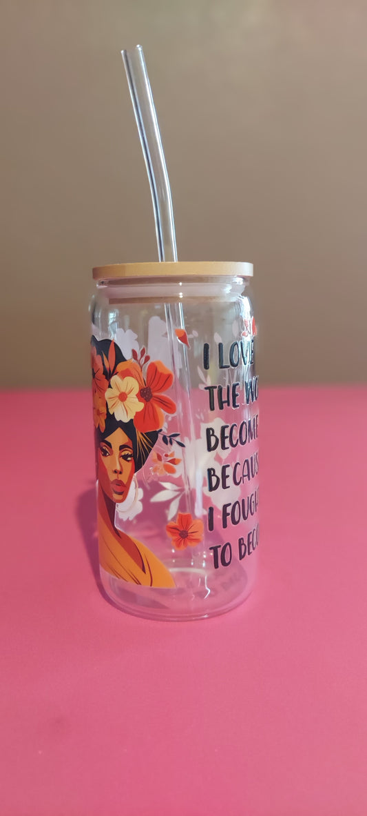 GLASS CUP WITH LID AND STRAW